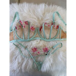 RARE Honey Birdette AMELIE Mint Green Floral Bra & Thong Lingerie Set 36H/XL